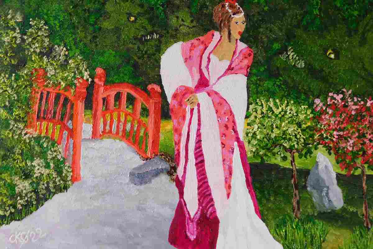 Dipinto in stile espressionista messicano in cui appare una donna vestita di bianco e rosa in un giardino