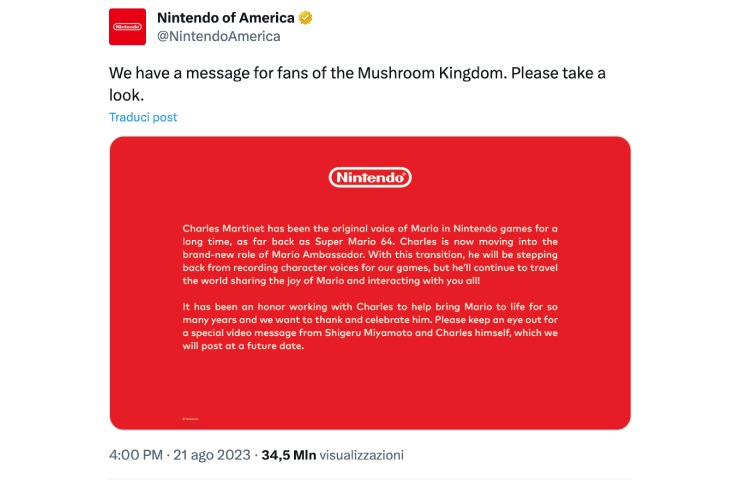 Tweet della Nintendo sulla piattaforma X